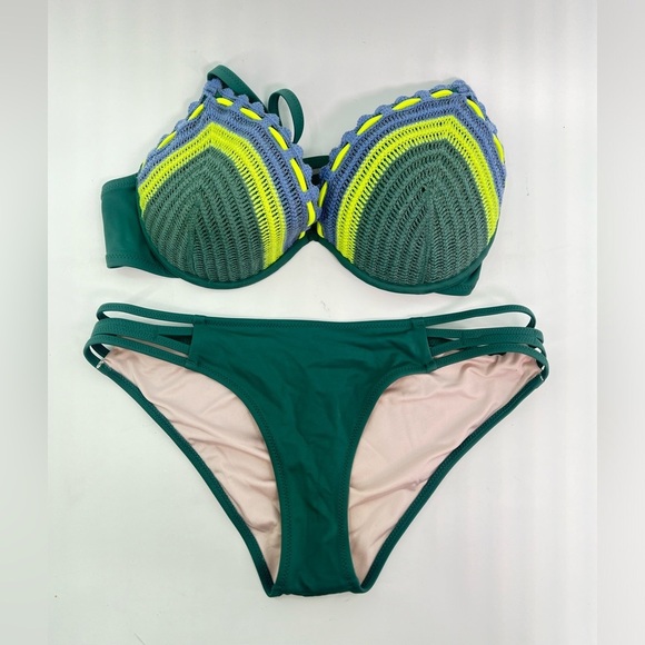 Shade & Shore green crochet underwire bikini swimsuit set beach swimwear 34D & S - Picture 3 of 9